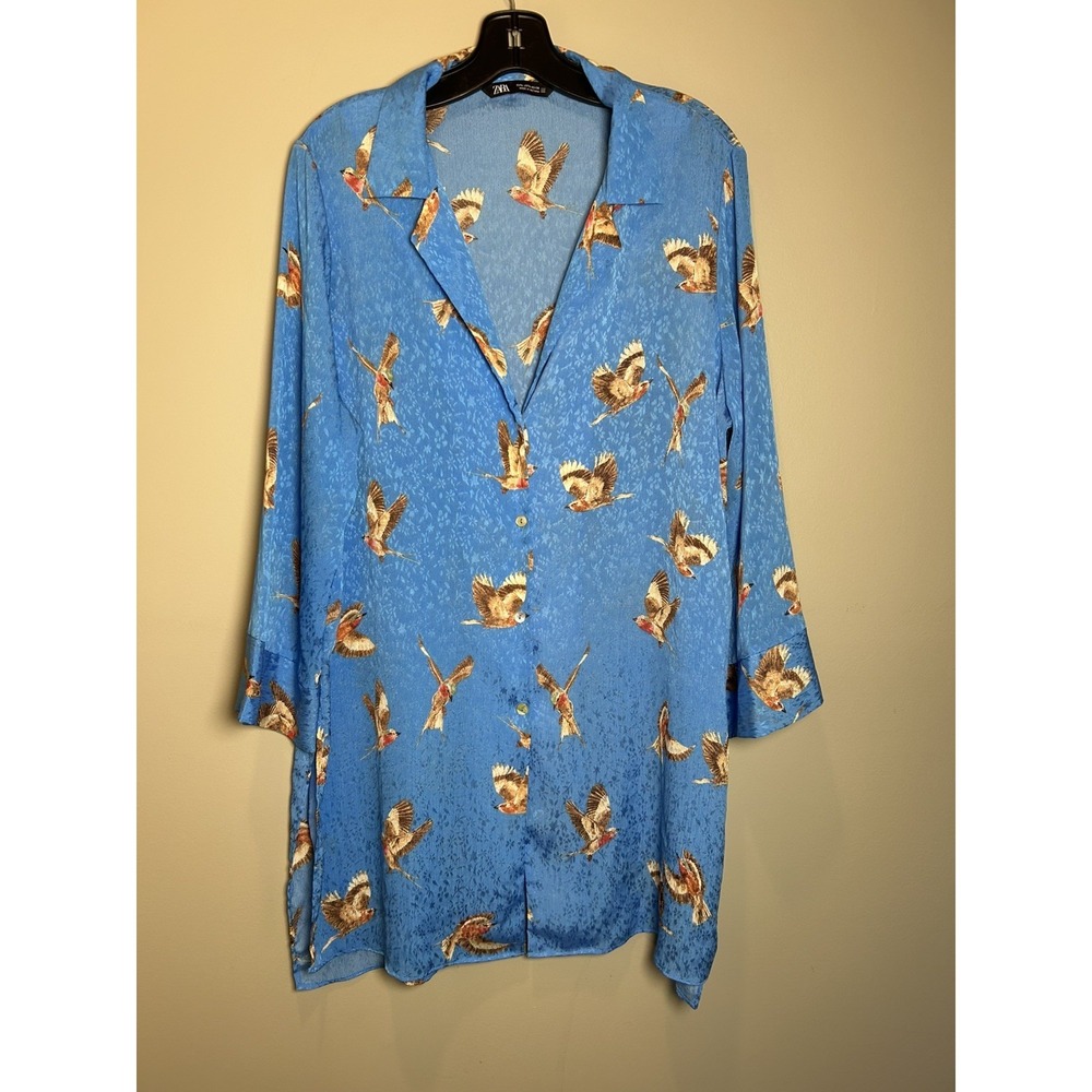 Zara Women's size L flowy bird print long shirt or swim Coverup satin material